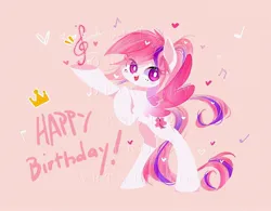 Size: 1920x1498 | Tagged: oc name needed, safe, artist:ksdt-2, derpibooru import, oc, unofficial characters only, pegasus, pony, bipedal, colored wings, crown, female, gradient wings, happy birthday, heart, image, jewelry, jpeg, mare, music notes, obtrusive watermark, pink background, ponytail, regalia, simple background, solo, spread wings, standing on two hooves, transparent wings, treble clef, watermark, wings