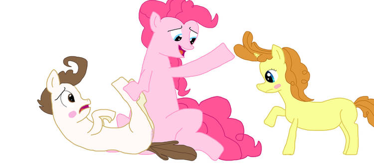 Size: 750x338 | Tagged: artist needed, safe, derpibooru import, pinkie pie, pound cake, pumpkin cake, earth pony, pegasus, unicorn, /mlp/, 4chan, blushing, embarrassed, image, jpeg, older, older pound cake, older pumpkin cake, siblings, spanking, twins