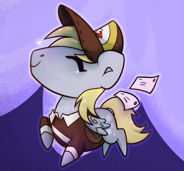 Size: 1900x1759 | Tagged: safe, artist:midnightpremiere, derpibooru import, derpy hooves, pegasus, pony, cap, eyes closed, female, hat, image, jpeg, letter, mailmare, mailmare uniform, mare, smiling, solo, space unicorn, style emulation