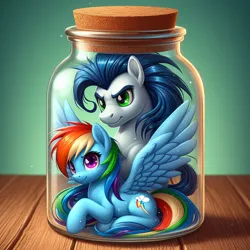 Size: 1024x1024 | Tagged: safe, ai content, derpibooru import, prompter:*rainbow dash*, rainbow dash, soarin', female, generator:bing image creator, image, jar, male, png, shipping, soarindash, straight