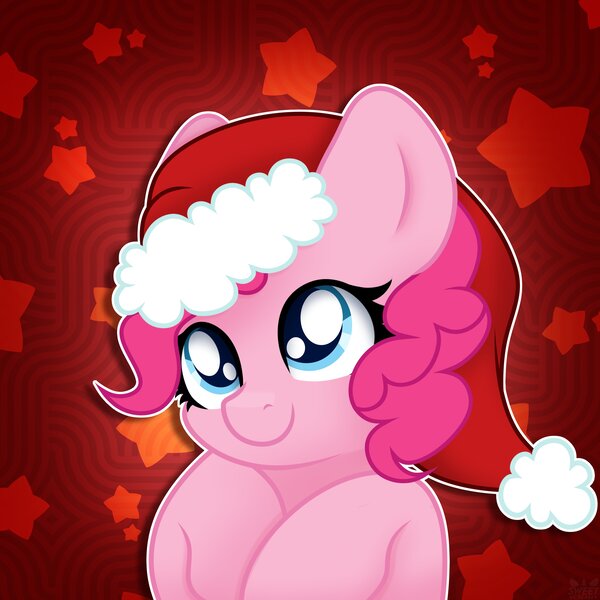 Size: 3500x3500 | Tagged: safe, artist:sweet cream, derpibooru import, pinkie pie, earth pony, pony, abstract background, bust, christmas, commission, cute, diapinkes, female, hat, holiday, image, jpeg, mare, santa hat, smiling, solo, ych example, your character here