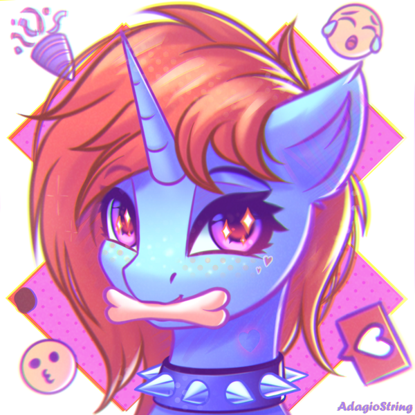 Size: 2000x2000 | Tagged: safe, artist:adagiostring, derpibooru import, oc, unofficial characters only, unicorn, bust, color, colored, cute, female, image, looking at you, png, portrait, simple background, smiling, solo, sparkles