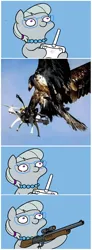 Size: 734x1990 | Tagged: safe, artist:darkdoomer, derpibooru import, silver spoon, bird, eagle, earth pony, pony, comic, drone, female, filly, flying, foal, glasses, gun, hoof hold, image, irl, jewelry, necklace, pearl necklace, photo, png, remote control, rifle, scope, smiling, weapon