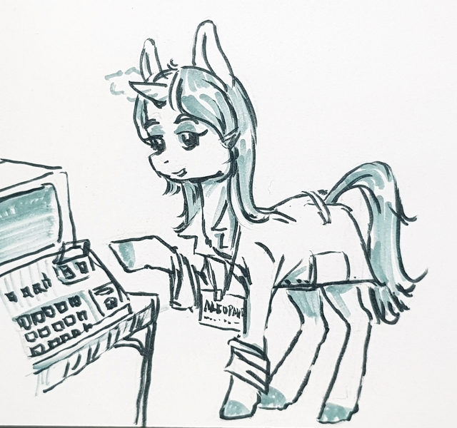 Size: 2361x2214 | Tagged: safe, artist:kovoranu, derpibooru import, oc, unofficial characters only, pony, unicorn, computer, cyrillic, fanfic art, image, jpeg, laboratory, monochrome, russian, solo