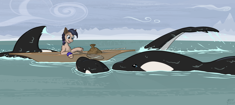 Size: 2900x1300 | Tagged: safe, artist:a0iisa, ponerpics import, ponybooru import, oc, orca, pony, taiga pony, blue eyes, boat, female, fishing rod, hoofband, image, kayak, mare, oar, ocean, png, sack, smiling, solo, water, wet, young