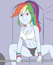 Size: 3360x4096 | Tagged: suggestive, artist:sumin6301, derpibooru import, rainbow dash, human, equestria girls, 2d, ankles, barbell, belly button, breasts, busty rainbow dash, cleavage, clothes, female, g4, gym, image, jpeg, legs, looking at you, midriff, panties, ponytail, rainbow dash's cutie mark, shirt, smiling, smiling at you, solo, underwear, weights, workout, wristband