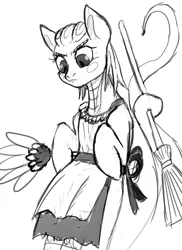 Size: 672x922 | Tagged: safe, artist:nergo, derpibooru import, oc, earth pony, lamia, original species, pony, bow, broom, clothes, image, maid, png, shoes, sneakers