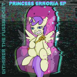Size: 2000x2000 | Tagged: safe, artist:gloomrotten, artist:rubberswonderland, derpibooru import, alula, pluto, princess erroria, alicorn, pony, 4chan, album cover, bean mouth, couch, error, glitch, grin, image, jpeg, looking at you, scepter, sitting, smiling, solo, twilight scepter