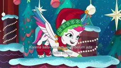 Size: 3072x1727 | Tagged: safe, derpibooru import, screencap, zipp storm, pegasus, pony, g5, my little pony: tell your tale, spoiler:g5, spoiler:my little pony: tell your tale, spoiler:tyts01e69, equestria's got talent, female, image, indonesia, jpeg, mare, open mouth, open smile, smiling, solo, spread wings, subtitles, wings