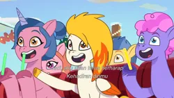 Size: 3072x1727 | Tagged: safe, derpibooru import, screencap, unnamed character, earth pony, pegasus, pony, unicorn, g5, my little pony: tell your tale, spoiler:g5, spoiler:my little pony: tell your tale, spoiler:tyts01e69, equestria's got talent, female, flare (g5), image, indonesia, jpeg, male, mare, open mouth, open smile, smiling, stallion, starry eyes, subtitles, sugarpuff lilac, wingding eyes