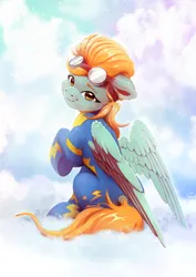 Size: 1873x2646 | Tagged: safe, artist:itssim, derpibooru import, lightning dust, pegasus, pony, clothes, cloud, colored eyebrows, cute, dustabetes, eyebrows, female, g4, goggles, goggles on head, high res, image, jpeg, looking at you, looking back, looking back at you, mare, on a cloud, outdoors, partially open wings, raised hoof, sitting, smiling, smiling at you, solo, turned head, uniform, wings, wonderbolts uniform