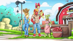 Size: 2560x1440 | Tagged: safe, artist:mysticalpha, derpibooru import, apple bloom, applejack, big macintosh, granny smith, anthro, earth pony, unguligrade anthro, apple, apple family, apple siblings, apple sisters, barn, barrel, brother and sister, clothes, female, food, g4, hay bale, image, lantern, male, overalls, plaid shirt, png, shirt, shoulder carry, shoulder ride, siblings, signature, sisters, sweet apple acres