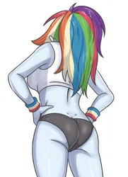 Size: 2066x2854 | Tagged: suggestive, artist:sumin6301, derpibooru import, rainbow dash, human, equestria girls, 2d, ass, back, breasts, butt, clothes, female, g4, hand on hip, image, jpeg, legs, low angle, panties, ponytail, shirt, sideboob, simple background, sleeveless, solo, underwear, white background, wristband