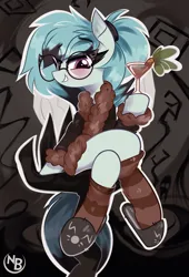 Size: 2455x3615 | Tagged: safe, artist:nevobaster, derpibooru import, oc, oc:whispy slippers, ponified, earth pony, pony, abstract background, alcohol, clothes, coat, cocktail, cute, don't starve, drink, eyelashes, fur coat, glasses, image, looking at you, png, ponytail, sitting, slippers, smiling, smug, socks