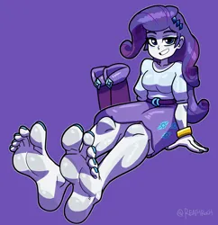 Size: 1862x1921 | Tagged: suggestive, artist:reathroch, derpibooru import, rarity, equestria girls, barefoot, boots, clothes, feet, fetish, foot fetish, image, looking at you, nail polish, png, purple background, shoes, simple background, smiling, smiling at you, soles, toenail polish, toenails, toes