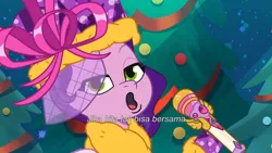 Size: 3072x1727 | Tagged: safe, derpibooru import, screencap, pipp petals, pegasus, pony, g5, my little pony: tell your tale, spoiler:g5, spoiler:my little pony: tell your tale, spoiler:tyts01e69, :o, equestria's got talent, female, image, indonesia, jpeg, mare, microphone, open mouth, solo, subtitles