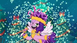 Size: 3072x1727 | Tagged: safe, derpibooru import, screencap, pipp petals, pegasus, pony, g5, my little pony: tell your tale, spoiler:g5, spoiler:my little pony: tell your tale, spoiler:tyts01e69, equestria's got talent, female, image, indonesia, jpeg, mare, microphone, open mouth, open smile, smiling, solo, spread wings, subtitles, wings