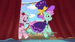 Size: 3072x1727 | Tagged: safe, derpibooru import, screencap, unnamed character, earth pony, pony, g5, my little pony: tell your tale, spoiler:g5, spoiler:my little pony: tell your tale, spoiler:tyts01e69, dahlia, duo, duo female, equestria's got talent, female, grin, image, indonesia, jpeg, mare, open mouth, open smile, smiling, subtitles