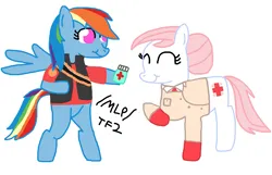 Size: 2029x1310 | Tagged: safe, derpibooru import, nurse redheart, rainbow dash, earth pony, pegasus, pony, /mlp/ tf2 general, bipedal, health pack, heavy weapons guy, image, medic, png, simple background, smiling, team fortress 2, white background