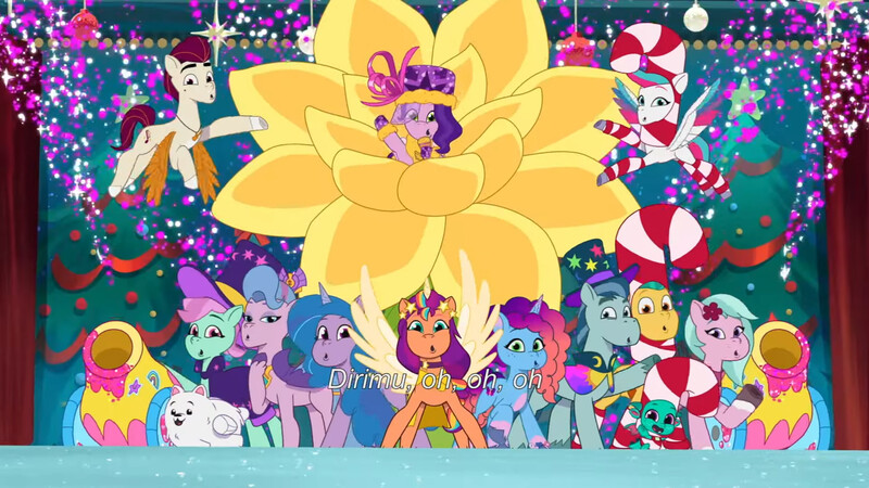 Size: 3072x1727 | Tagged: safe, derpibooru import, screencap, cloudpuff, hitch trailblazer, izzy moonbow, pipp petals, queen haven, rocky riff, sparky sparkeroni, sunny starscout, unnamed character, zipp storm, alicorn, dog, dragon, earth pony, pegasus, pomeranian, pony, unicorn, g5, my little pony: a new generation, my little pony: tell your tale, spoiler:g5, spoiler:my little pony: tell your tale, spoiler:tyts01e69, applejack (g5), baby, baby dragon, cute, dahlia, equestria's got talent, female, fluttershy (g5), flying, flying pomeranian, image, indonesia, jpeg, male, mane five, mane six (g5), mare, microphone, misty brightdawn, open mouth, open smile, papa hitch, party cannon, pinkie pie (g5), race swap, rainbow dash (g5), rarity (g5), rebirth misty, royal sisters (g5), rufus, siblings, sisters, smiling, sparkybetes, spread wings, stallion, subtitles, sunnycorn, twilight sparkle (g5), winged dog, wings