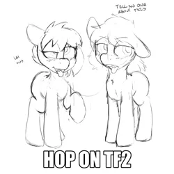 Size: 2000x2000 | Tagged: safe, artist:beep, derpibooru import, oc, unofficial characters only, earth pony, pony, /mlp/ tf2 general, blushing, dialogue, drool, drool string, female, hop on tf2, image, impact font, implied kissing, kissing, mare, meme, png, rule 63, sketch, team fortress 2, text