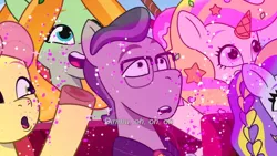 Size: 3072x1727 | Tagged: safe, derpibooru import, screencap, posey (g5), unnamed character, earth pony, pony, unicorn, g5, my little pony: tell your tale, spoiler:g5, spoiler:my little pony: tell your tale, spoiler:tyts01e69, :o, equestria's got talent, female, image, indonesia, jpeg, male, mare, open mouth, open smile, smiling, stallion, subtitles