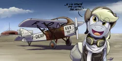 Size: 1366x683 | Tagged: safe, artist:buckweiser, derpibooru import, derpy hooves, airmail, aviator goggles, french, goggles, image, jpeg, pilot, plane, smiling, solo