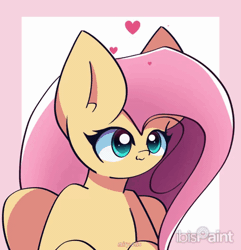 Size: 1400x1450 | Tagged: safe, artist:miryelis, derpibooru import, fluttershy, pegasus, pony, :3, animated, big ears, blushing, bust, female, gif, heart, ibispaint x, image, long hair, looking at you, mare, signature, simple background, smiling, solo