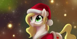 Size: 4000x2045 | Tagged: safe, artist:trash anon, ponerpics import, ponybooru import, oc, oc:epithumia, unofficial characters only, earth pony, pony, abstract background, blonde, blonde mane, christmas, christmas lights, clothes, costume, cutie mark, earth pony oc, female, green eyes, hat, holiday, image, png, santa costume, santa hat, smiling, white coat