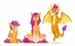 Size: 2048x1257 | Tagged: safe, artist:buvanybu, derpibooru import, scootaloo, smolder, sunny starscout, dragon, earth pony, pegasus, pony, g5, :t, chest fluff, dragoness, female, food, image, jpeg, looking at each other, looking at someone, orange, simple background, trio, white background