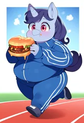 Size: 832x1216 | Tagged: safe, ai content, derpibooru import, machine learning generated, novelai, prompter:heavyfoxyfoxy, stable diffusion, oc, anthro, unicorn, athlete, belly, burger, cheeseburger, chubai, chubby, chubby cheeks, clothes, curvy, eating, fat, fat fetish, fattening, fetish, food, gluttony, hamburger, image, large butt, obese, out of shape, plump, png, race track, round, round belly, running, shortstack, small clothes, sports, sports outfit, thighs, thunder thighs, tight clothing, tracksuit, weight gain, wide hips, wide load