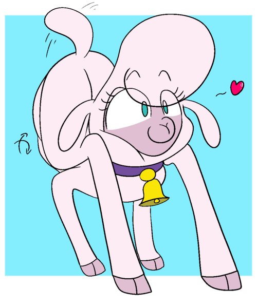 Size: 1000x1200 | Tagged: safe, artist:gaggosfamily, derpibooru import, sheep, them's fightin' herds, bell, bell collar, butt, cloven hooves, collar, community related, contortion, contortionist, eye clipping through hair, female, flexible, heart, image, lamb, plot, png, pom (tfh), rotation, smiling, solo, wat