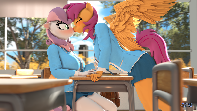 Size: 1920x1080 | Tagged: safe, artist:anthroponiessfm, derpibooru import, scootaloo, sweetie belle, anthro, 3d, blushing, classroom, clothes, eyes closed, female, image, kiss on the lips, kissing, lesbian, looking at someone, older, older scootaloo, older sweetie belle, png, school, school uniform, schoolgirl, ship:scootabelle, shipping, skirt, source filmmaker, surprised