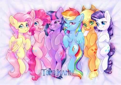 Size: 3507x2480 | Tagged: safe, artist:tokokami, derpibooru import, applejack, fluttershy, pinkie pie, rainbow dash, rarity, twilight sparkle, twilight sparkle (alicorn), alicorn, earth pony, pegasus, pony, unicorn, bed, bedroom eyes, cute, cutie mark, group, image, jpeg, looking at you, lying down, one eye closed, tongue out, wink, winking at you