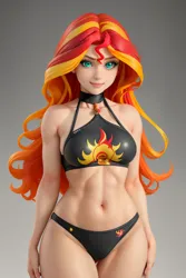Size: 1024x1536 | Tagged: suggestive, ai content, derpibooru import, machine learning generated, sunset shimmer, human, /, belly, belly button, bikini, breasts, clothes, female, figurine, fit, g4, generator:yodayo, gradient background, humanized, image, jpeg, long hair, midriff, plastic, prompter:sammykun, reasonably sized breasts, sexy, smiling, solo, swimsuit, thighs, wide hips