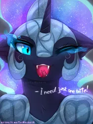Size: 1125x1500 | Tagged: safe, artist:taiweiart, derpibooru import, nightmare moon, alicorn, pony, blue eyes, blue hair, blue mane, bust, chest fluff, colored pupils, cute, digital art, ethereal mane, eyeshadow, fangs, female, g4, helmet, high res, hooves, horn, image, looking at you, makeup, mare, moonabetes, moonlight, nicemare moon, night, one eye closed, open mouth, open smile, peytral, png, portrait, signature, smiling, smiling at you, solo, starry mane, stars, talking, talking to viewer, teeth, wink