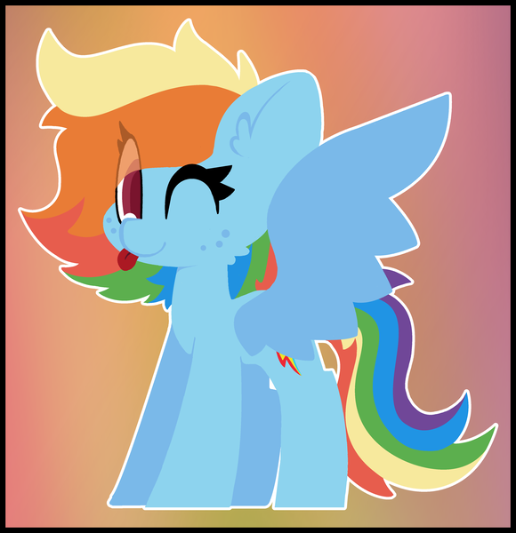Size: 3750x3878 | Tagged: safe, artist:moonydusk, derpibooru import, rainbow dash, pegasus, pony, ;p, alternate hairstyle, ear fluff, female, freckledash, freckles, gradient background, image, lineless, mare, one eye closed, png, simple background, spread wings, standing, tongue out, wings, wink