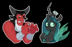 Size: 1926x1266 | Tagged: safe, artist:switchsugar, derpibooru import, lord tirek, queen chrysalis, centaur, changeling, changeling queen, pony, taur, black background, bust, duo, female, grimace, image, jpeg, male, mare, outline, simple background, sweat, sweatdrop, white outline, wide eyes