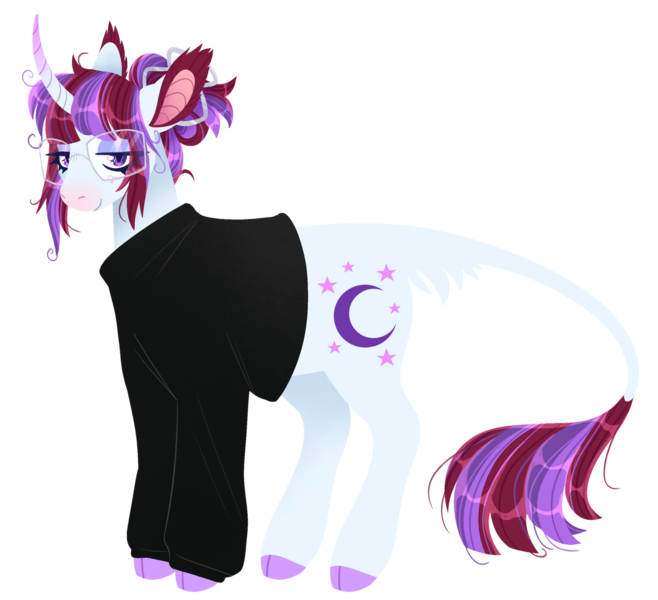 Size: 1280x1167 | Tagged: safe, artist:s0ftserve, derpibooru import, moondancer, pony, unicorn, alternate coat color, alternate design, clothes, cloven hooves, colored ear fluff, colored hooves, curved horn, ear tufts, eyeshadow, female, glasses, gradient horn, hair bun, horn, image, leonine tail, lidded eyes, looking at you, makeup, mare, png, purple eyes, simple background, smiling, smiling at you, solo, standing, sweater, tail, tail fluff, transparent background