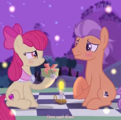Size: 1080x1072 | Tagged: safe, artist:cmc.apple.bloom, derpibooru import, apple bloom, tender taps, earth pony, pony, the last problem, candle, female, g4, image, jpeg, male, mare, night, older, older apple bloom, older tender taps, picnic, picnic blanket, present, shawl, shipping, show accurate, signature, stallion, straight, tenderbloom