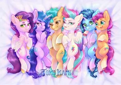 Size: 3507x2480 | Tagged: safe, artist:tokokami, derpibooru import, hitch trailblazer, izzy moonbow, pipp petals, sunny starscout, zipp storm, earth pony, pegasus, pony, unicorn, g5, applejack (g5), bed, bedroom eyes, belly, belly button, cornrows, cute, cutie mark, fluttershy (g5), group, hitch trailblazer gets all the mares, image, jpeg, looking at you, lucky bastard, lying down, male, mane five, mane six (g5), misty brightdawn, one eye closed, pinkie pie (g5), rainbow dash (g5), rarity (g5), skinny pipp, stallion, tongue out, twilight sparkle (g5), wink, winking at you