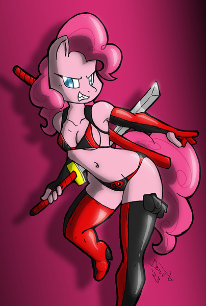 Size: 781x1160 | Tagged: suggestive, artist:theburningdonut, derpibooru import, pinkie pie, anthro, earth pony, plantigrade anthro, bared teeth, bikini, bikini bottom, bikini top, blue eyes, boots, breasts, clothes, cosplay, costume, curly hair, curly tail, deadpool, female, furrowed brow, g4, gloves, gritted teeth, high heel boots, image, jpeg, long gloves, looking offscreen, marvel, pink coat, pink hair, pinkiepool, shoes, solo, swimsuit, sword, tail, teeth, thigh boots, weapon