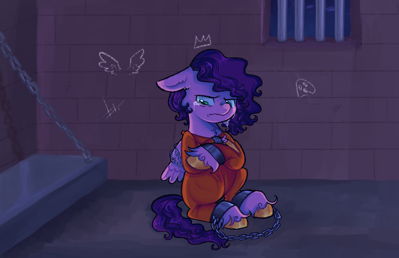 Size: 1144x742 | Tagged: safe, artist:kreeeeeez, derpibooru import, pipp petals, pegasus, pony, g5, chains, clothes, colored hooves, commission, crossed arms, crying, female, frown, gold hooves, hooves, image, mare, missing accessory, png, prison, prison outfit, prisoner pipp, sad, solo, teary eyes, unshorn fetlocks, upset
