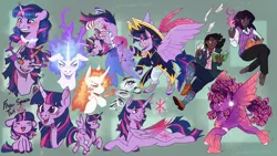 Size: 1920x1080 | Tagged: safe, artist:cerulean-crow, derpibooru import, twilight sparkle, twilight sparkle (alicorn), alicorn, human, pony, 1920s au, alternate design, alternate hairstyle, alternate universe, blackwashing, dark magic, dark skin, glasses, humanized, image, long description, magic, makeup, mane of fire, pirate, png, sombra eyes, twitterina design