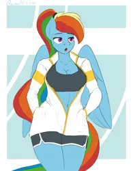 Size: 2189x2768 | Tagged: suggestive, artist:ryanmandraws, derpibooru import, rainbow dash, anthro, pegasus, abs, big breasts, breasts, busty rainbow dash, cleavage, clothes, female, gym shorts, image, jacket, png, revealing clothing, sketch, solo, solo female, thighs, wings