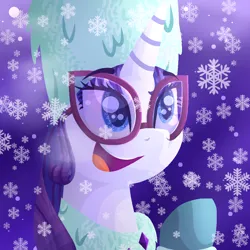Size: 1000x1000 | Tagged: safe, artist:lindasaurie, derpibooru import, rarity, pony, unicorn, best gift ever, bust, clothes, derpibooru exclusive, diamonds, eye clipping through hair, eyebrows, eyebrows visible through hair, eyeshadow, female, g4, glasses, happy, hat, image, lineless, looking up, makeup, mare, night, night sky, open mouth, png, portrait, raised hoof, scarf, sky, snow, snowfall, snowflake, solo, stars, sunglasses, winter, winter outfit