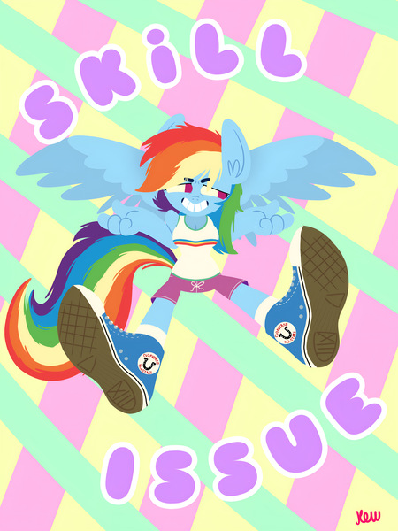 Size: 3072x4096 | Tagged: safe, artist:kenn, derpibooru import, rainbow dash, anthro, pegasus, clothes, cute, image, jpeg, shoes, shorts, skill issue, sneakers, socks, solo, tanktop, text