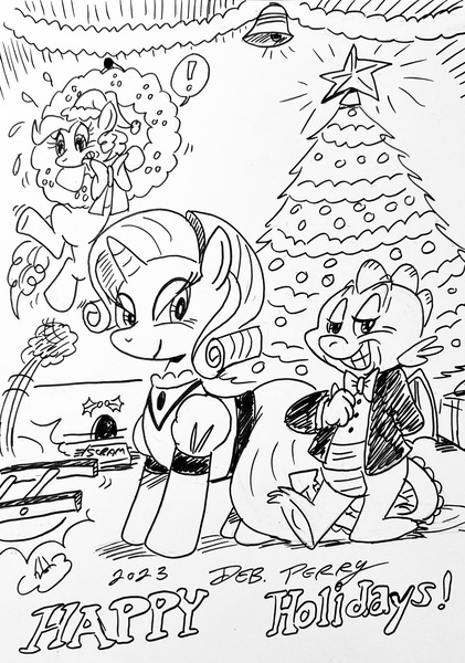 Size: 2362x3367 | Tagged: safe, artist:debmervin, derpibooru import, pinkie pie, rarity, spike, black and white, christmas, christmas tree, g4, grayscale, happy holidays, holiday, image, jpeg, monochrome, tree, wreath