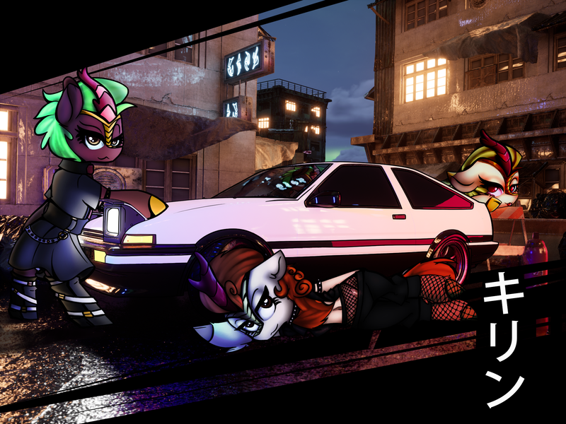 Size: 2100x1575 | Tagged: safe, artist:kranonetwork, derpibooru import, autumn blaze, cinder glow, summer flare, kirin, :p, car, chains, cyberpunk, fishnets, image, japanese, moon runes, png, punk, street, tongue out, wallpaper