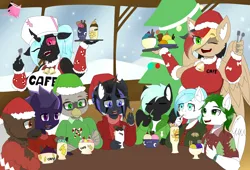 Size: 3712x2520 | Tagged: safe, artist:mairiathus, derpibooru import, oc, anthro, changeling, gryphon, pegasus, pony, unicorn, cafe, christmas, food, holiday, horn, ice cream, image, png, snow, tree, wings